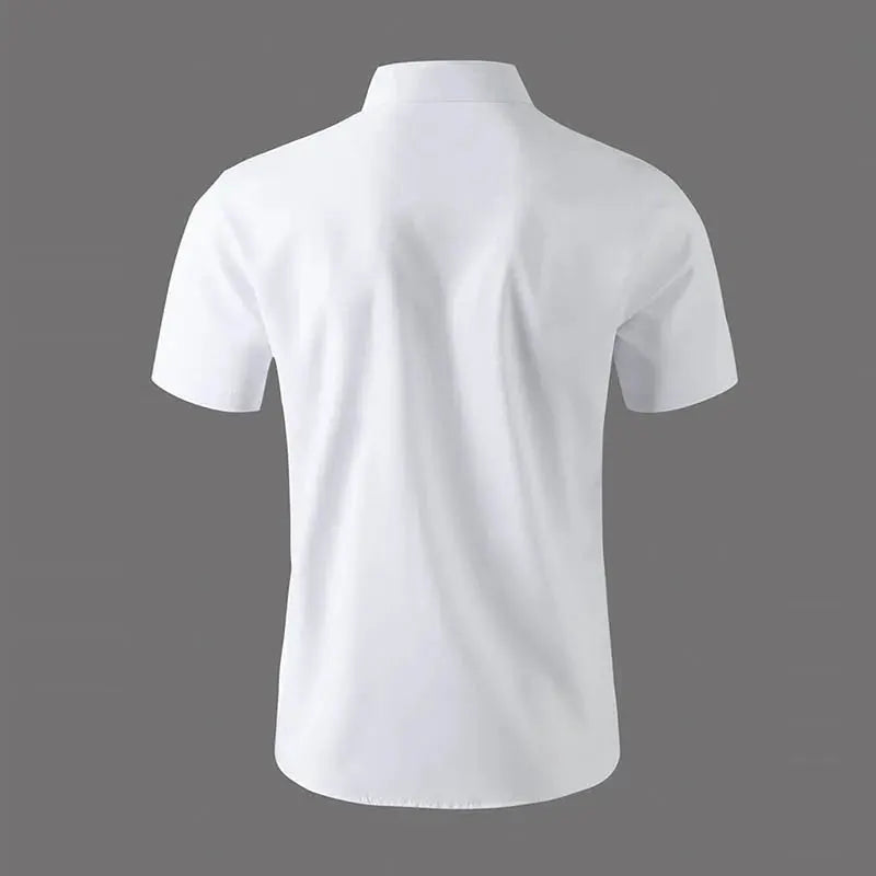 Men's white short-sleeve business casual shirt, solid color, back view