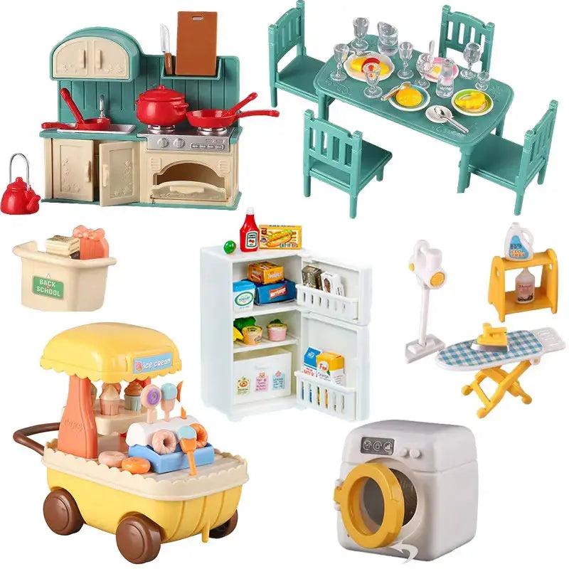 Dollhouse Furniture Set For Bathroom Kitchen Laundry With Fridge And Washing Machine Miniature Pretend Play Toys