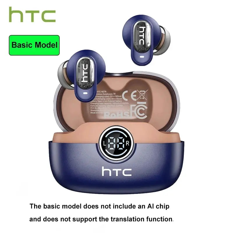 HTC NE79 wireless earbuds with blue charging case and LED display; two blue earbuds, basic model.