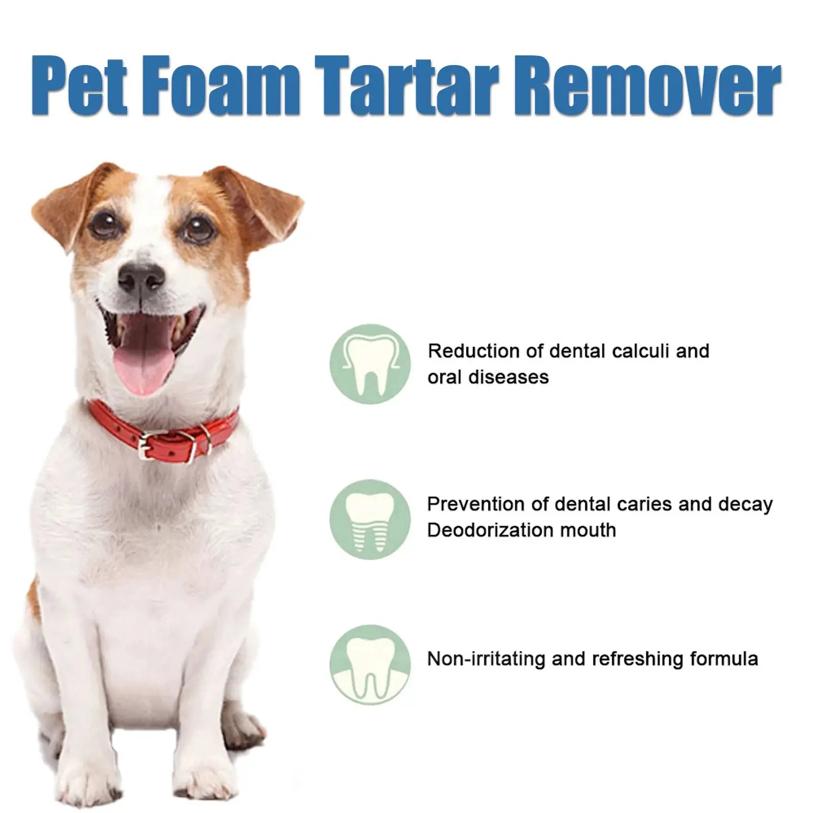 Pet Foam Tartar Remover for dogs and cats by Simples Market; happy dog with red collar.