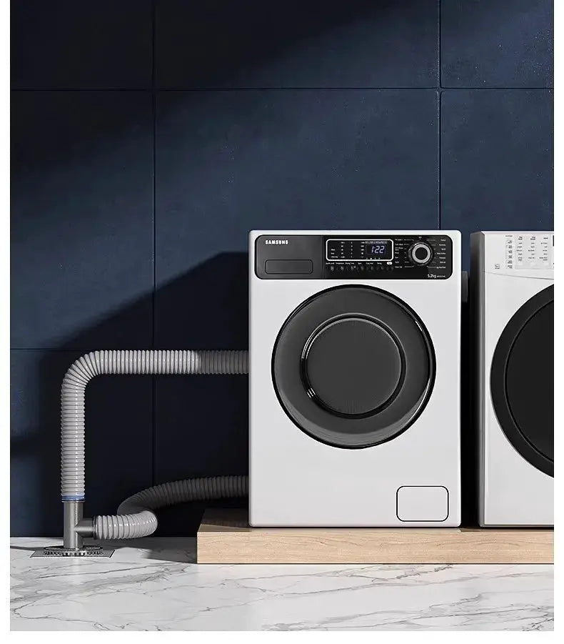 Universal washing machine floor drain connector with flexible hose; Samsung front-load washer.