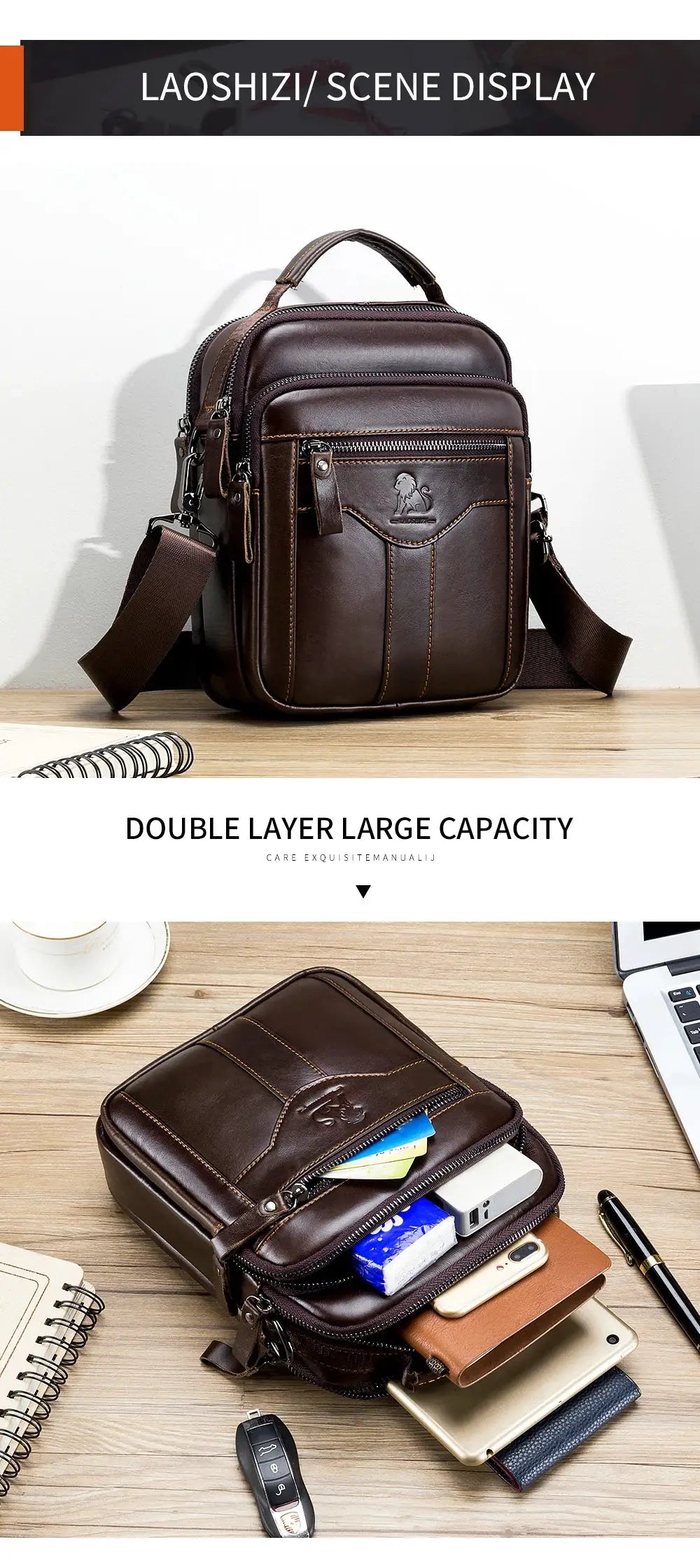 Men's brown leather crossbody bag with front zip pocket and multiple compartments
