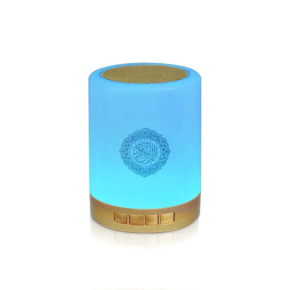 Portable multifunctional sound machine with blue LED night light and gold base, Bluetooth speaker