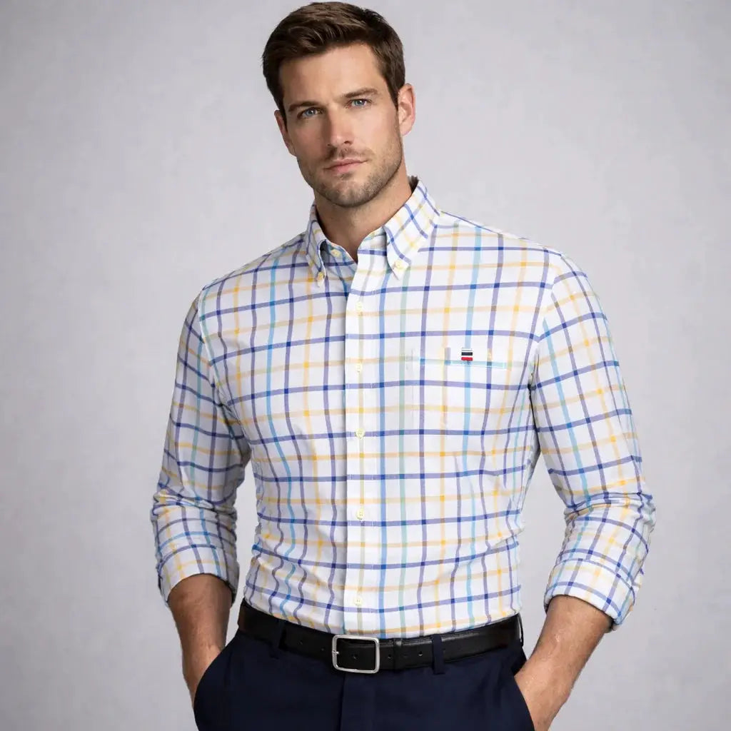 Simples Market men's long-sleeve oxford plaid shirt in white with blue and yellow checks.