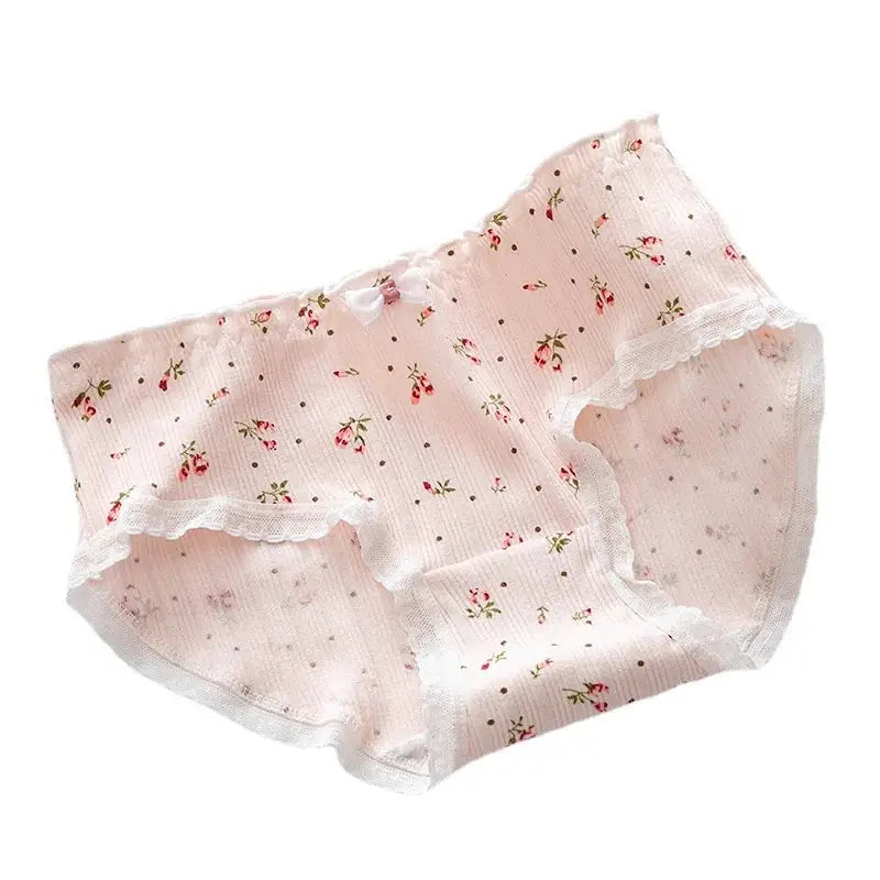 5-piece pink floral cotton mid-waist women’s panties with white lace trim