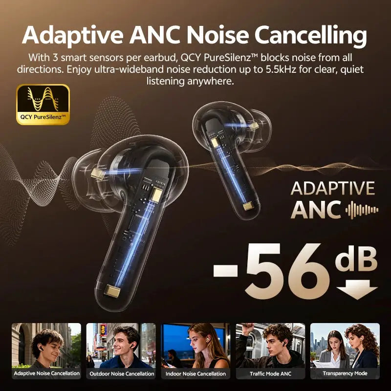 QCY MeloBuds N60 HT19 wireless earphones pair, black translucent shells, coaxial dual drivers, 56dB hybrid ANC