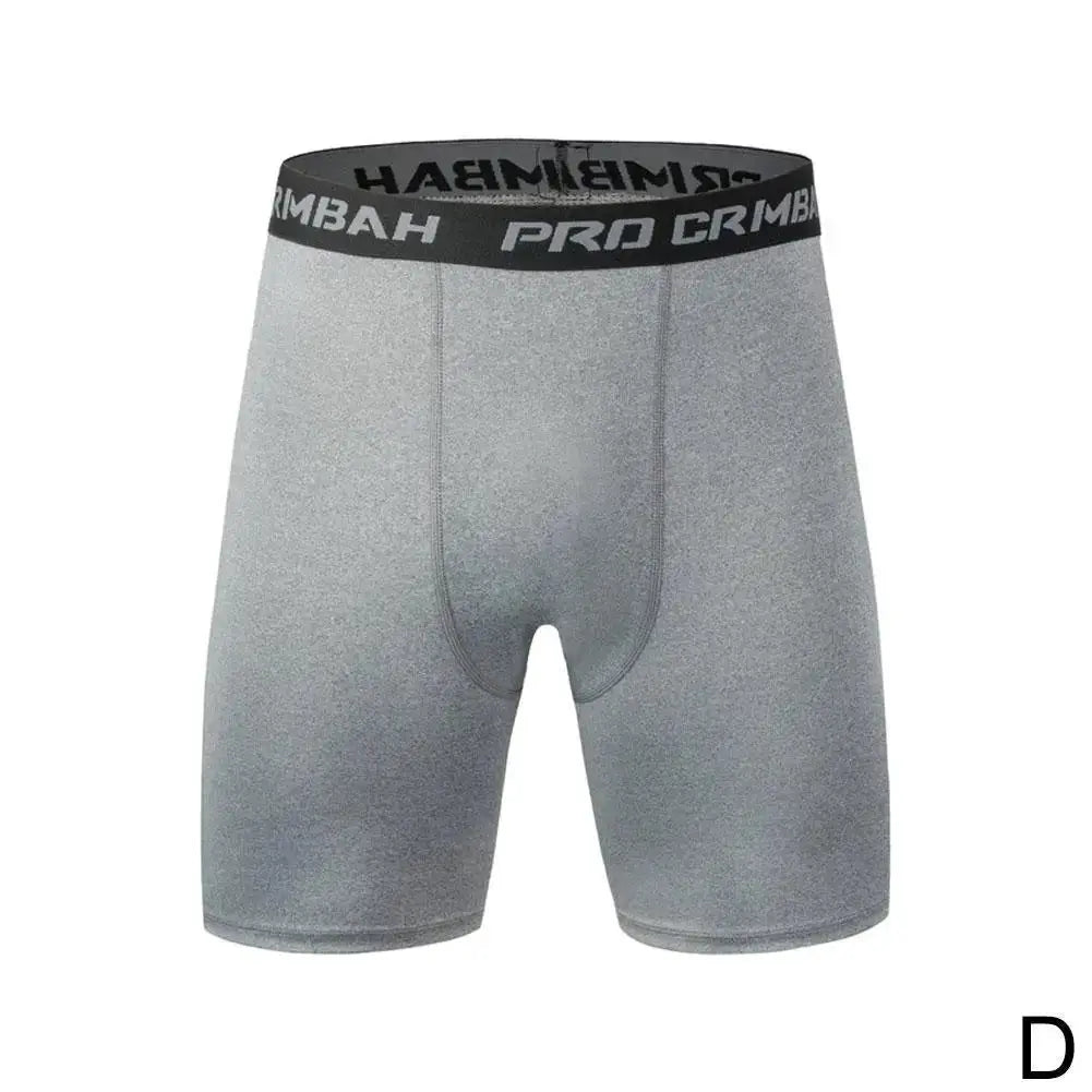 Men's gray metallic compression shorts for gym workouts with elastic waistband