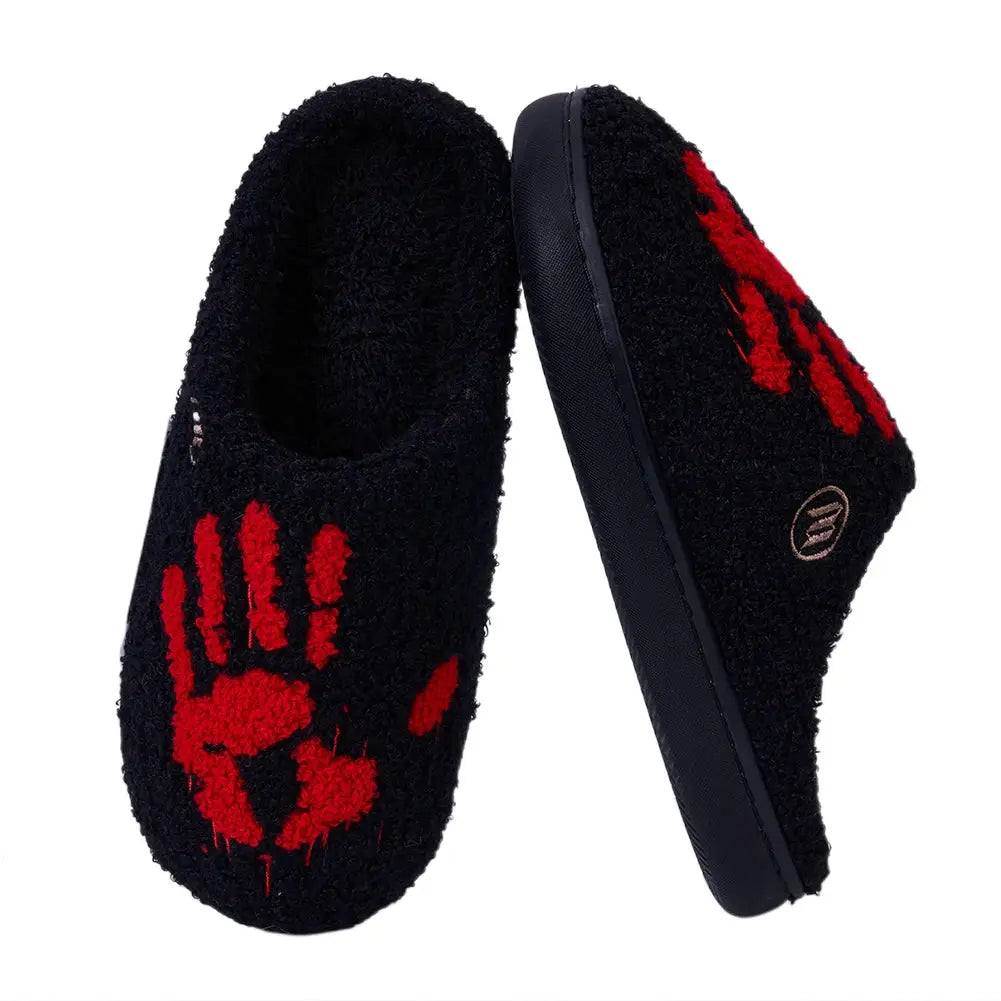 Halloween palm plush slippers by Simples Market, black fuzzy slip-ons with red palm print, warm home footwear
