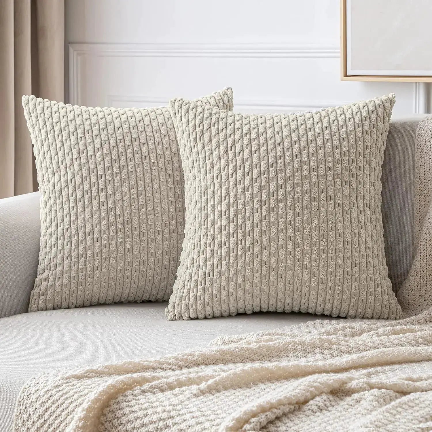 Fall decorative throw pillow covers in soft cream corduroy, 2-pack for couch or sofa