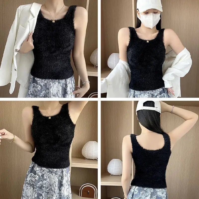 Black plush knit tank top for girls, fuzzy faux cashmere texture with wide straps, warm autumn/winter cami.