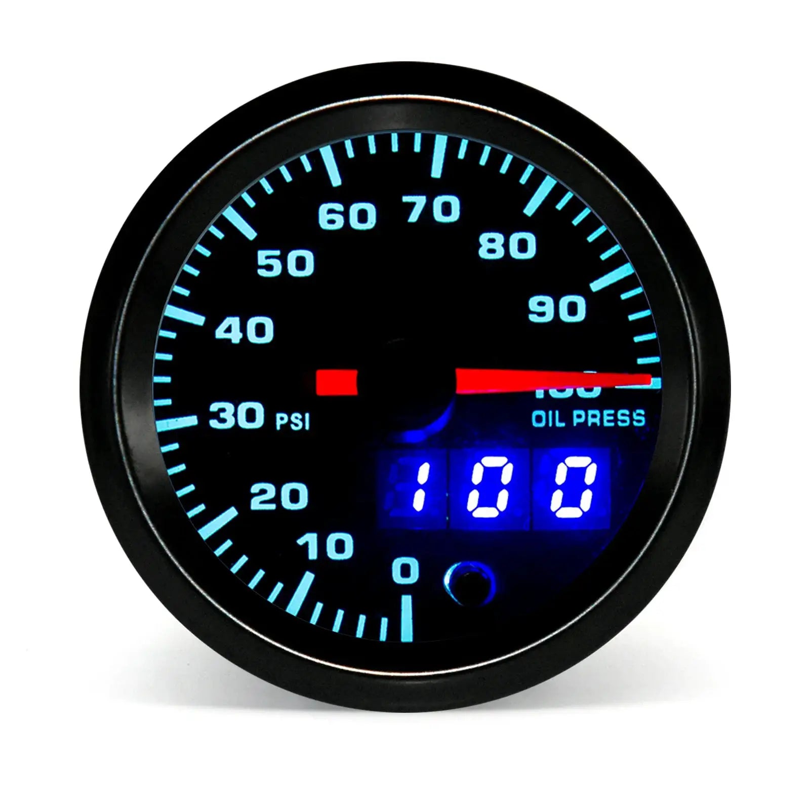 2-inch Simples Market dual-display LED gauge with blue backlit dial showing oil pressure and boost PSI