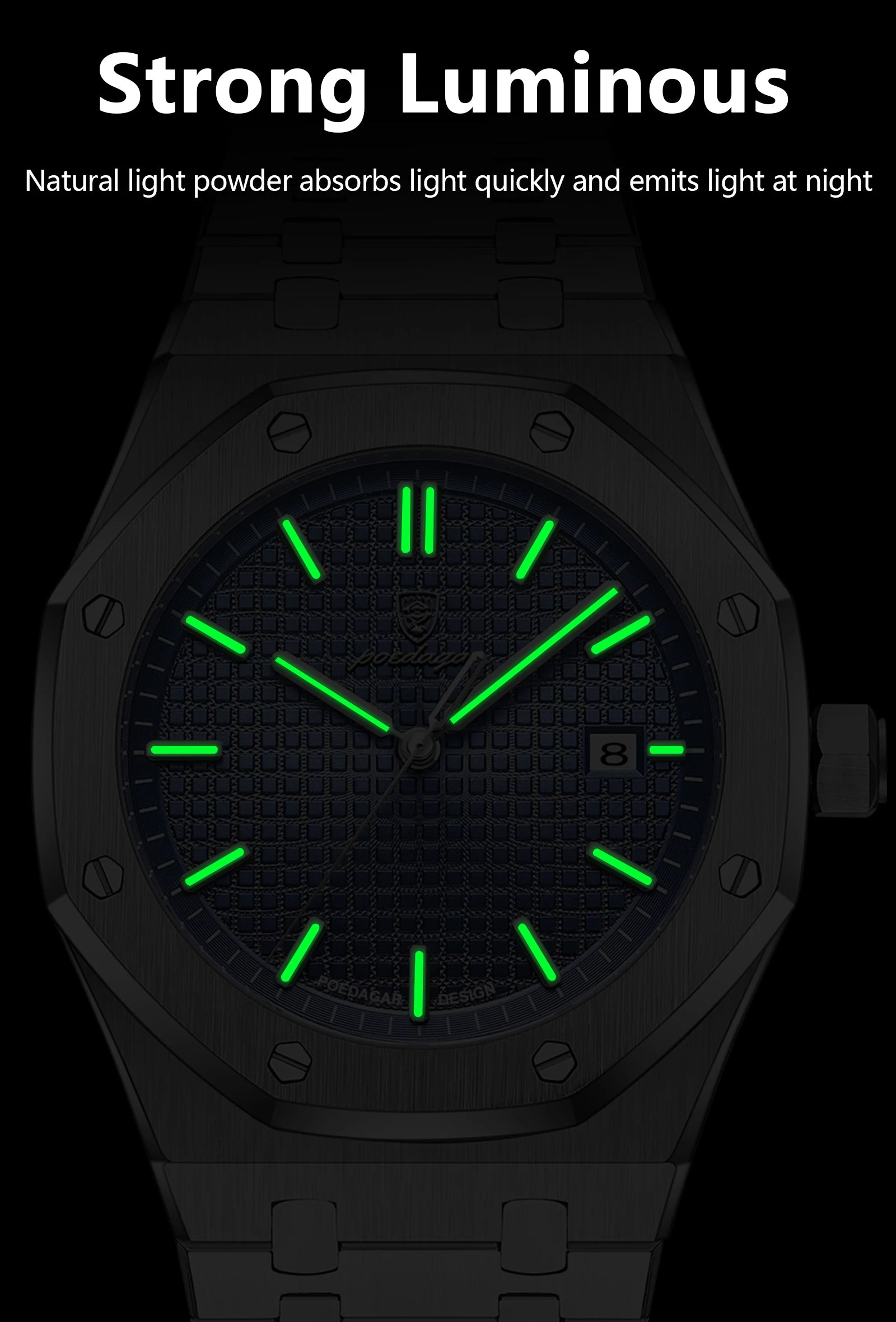 POEDAGAR luxury men's wristwatch with stainless steel band, luminous green hour markers, date window