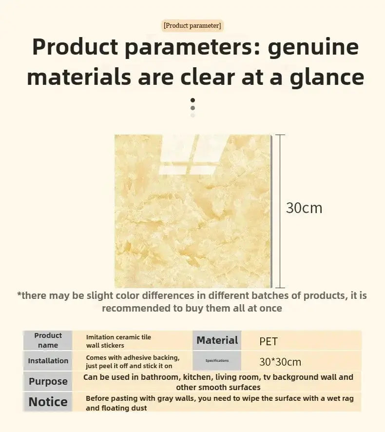Self-adhesive tile sticker set, beige marble design, 30x30cm, PET material, 10/20/40pcs pack by Simples Market