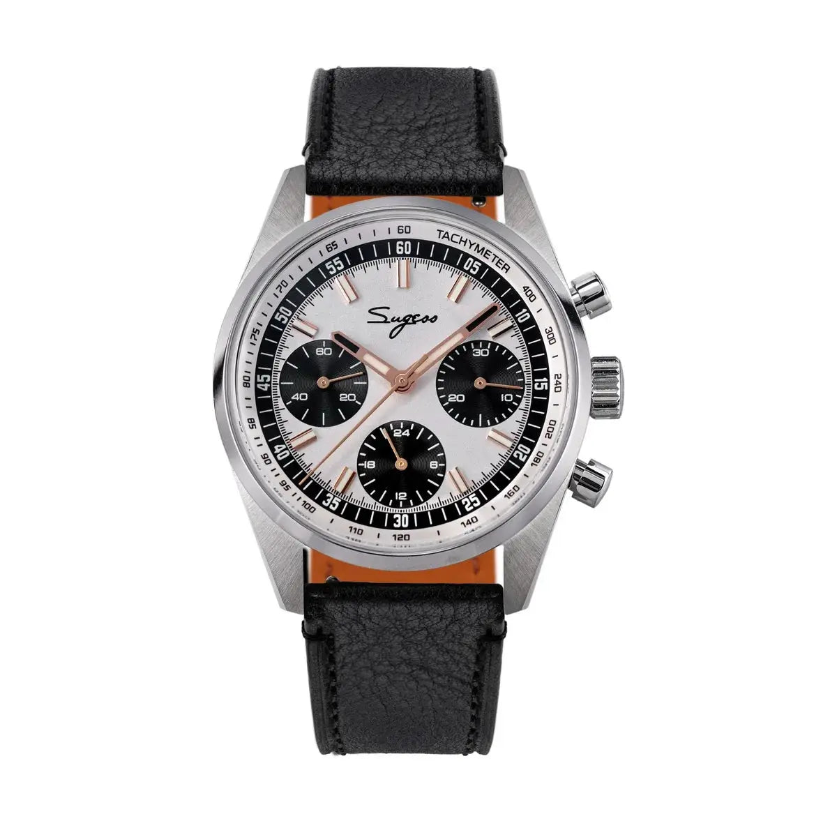 Sugess men's 38mm chronograph watch with white dial, tachymeter bezel, rose-gold hands, black subdials, leather strap