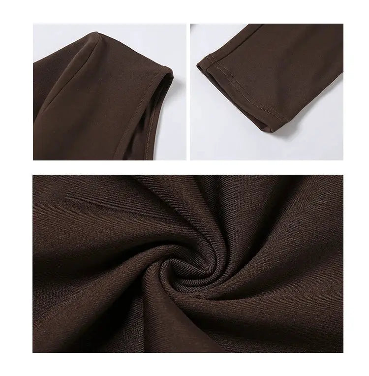 Brown women's long-sleeve solid-color skinny jumpsuit pullover with stretchy fabric