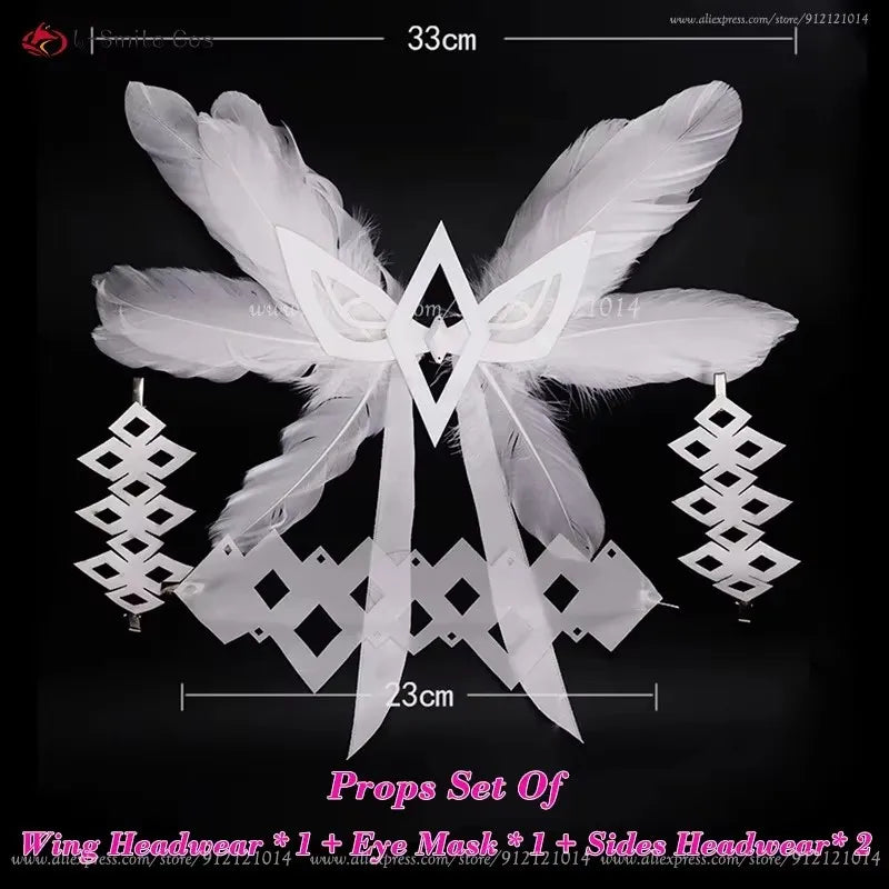 Simples Market Columbina cosplay prop set with white feather wings and geometric white headpieces