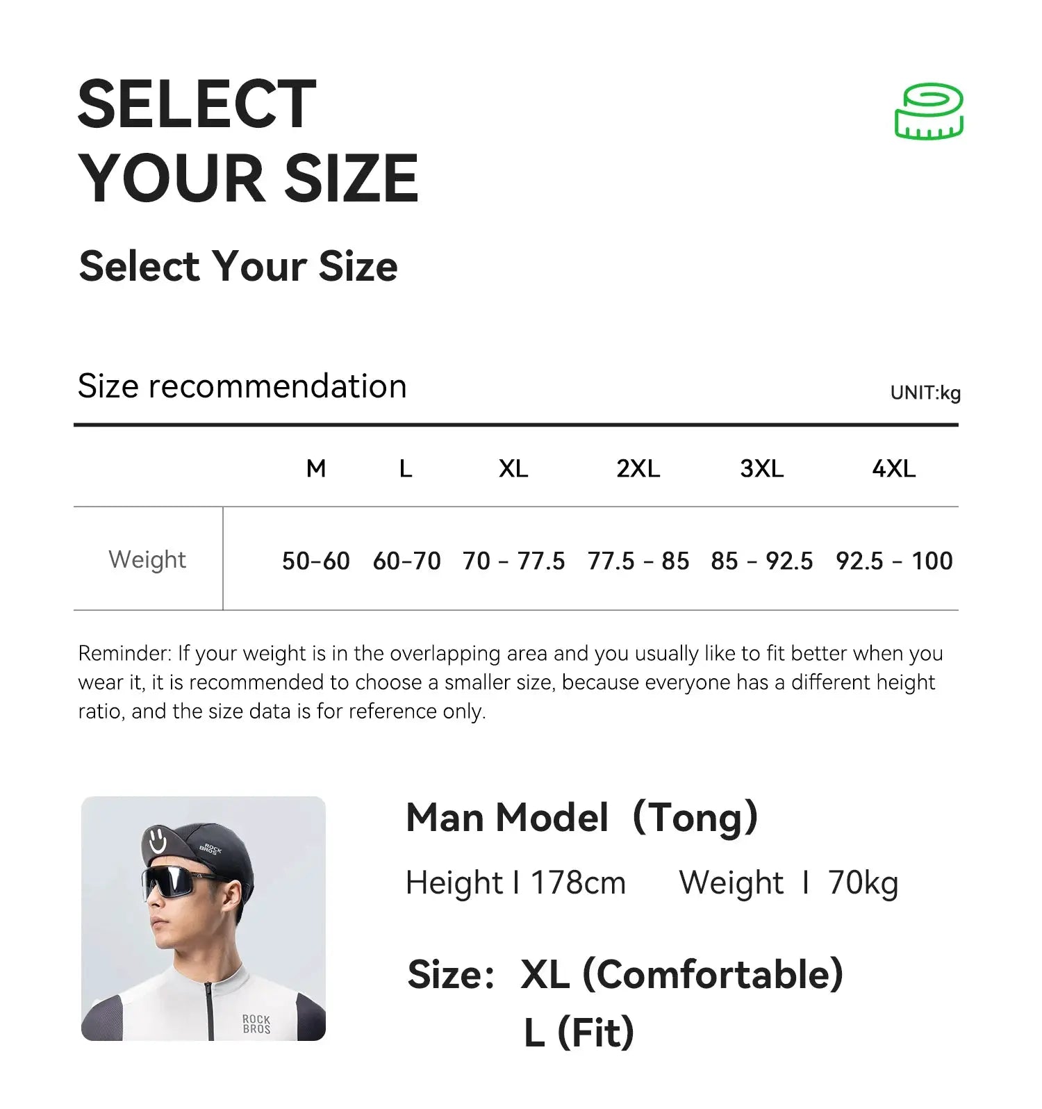 ROCKBROS size chart for summer sport thin pants; weight-based M-4XL sizing with man model details