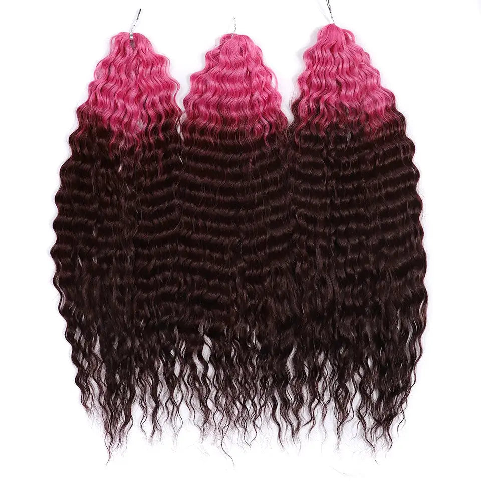 Three bundles of Ariel Synthetic Twist Crochet Hair, 22in water-wave, ombre pink to dark brown