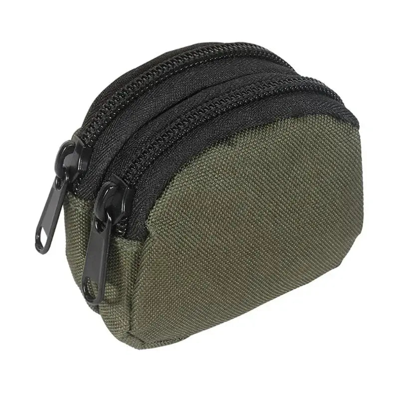 Nylon double-zipper coin pouch in olive green with black zippers, a compact tactical Molle pouch for cards and keys