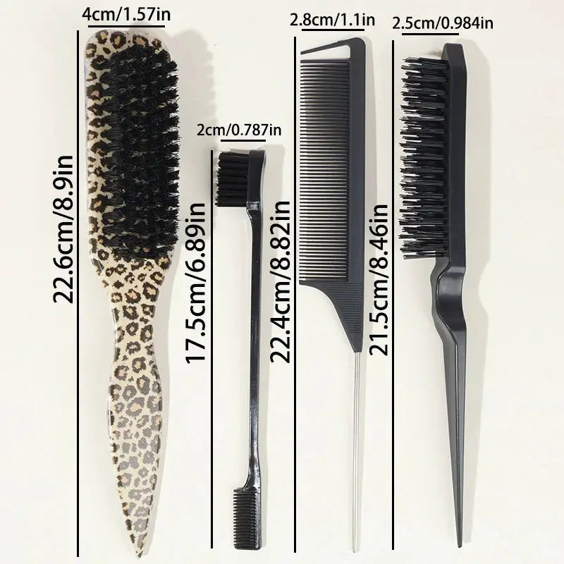 Simples Market five-piece hair styling set: leopard paddle brush, small black brush, tail comb, fine-tooth comb, edge brush