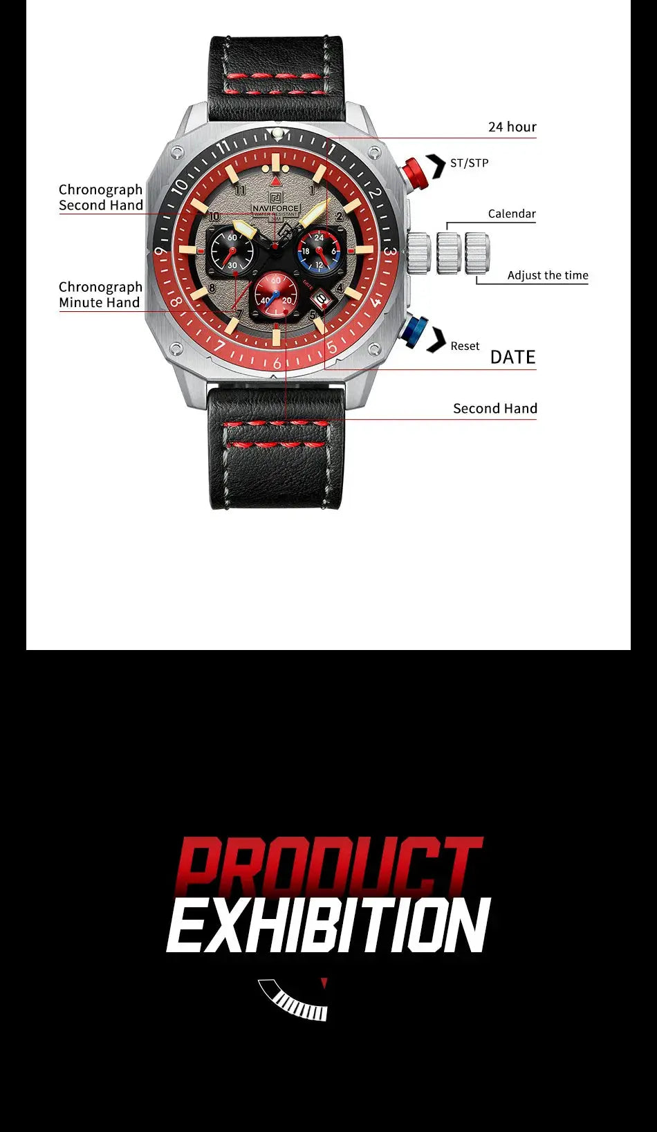 NAVIFORCE men's square leather-strap chronograph watch with red bezel, black dial, luminous hands.