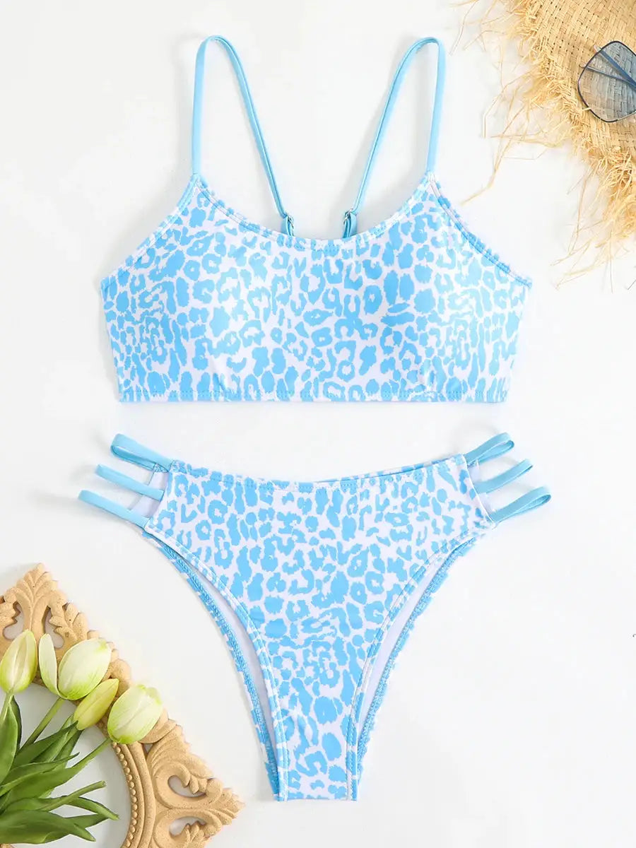 Two-piece women's blue leopard-print bikini set with strappy sides