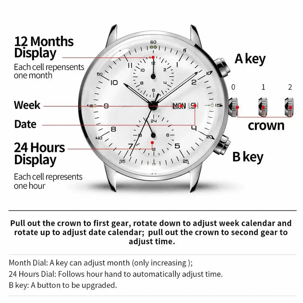 Men's stainless steel automatic wristwatch with white dial and multiple subdials