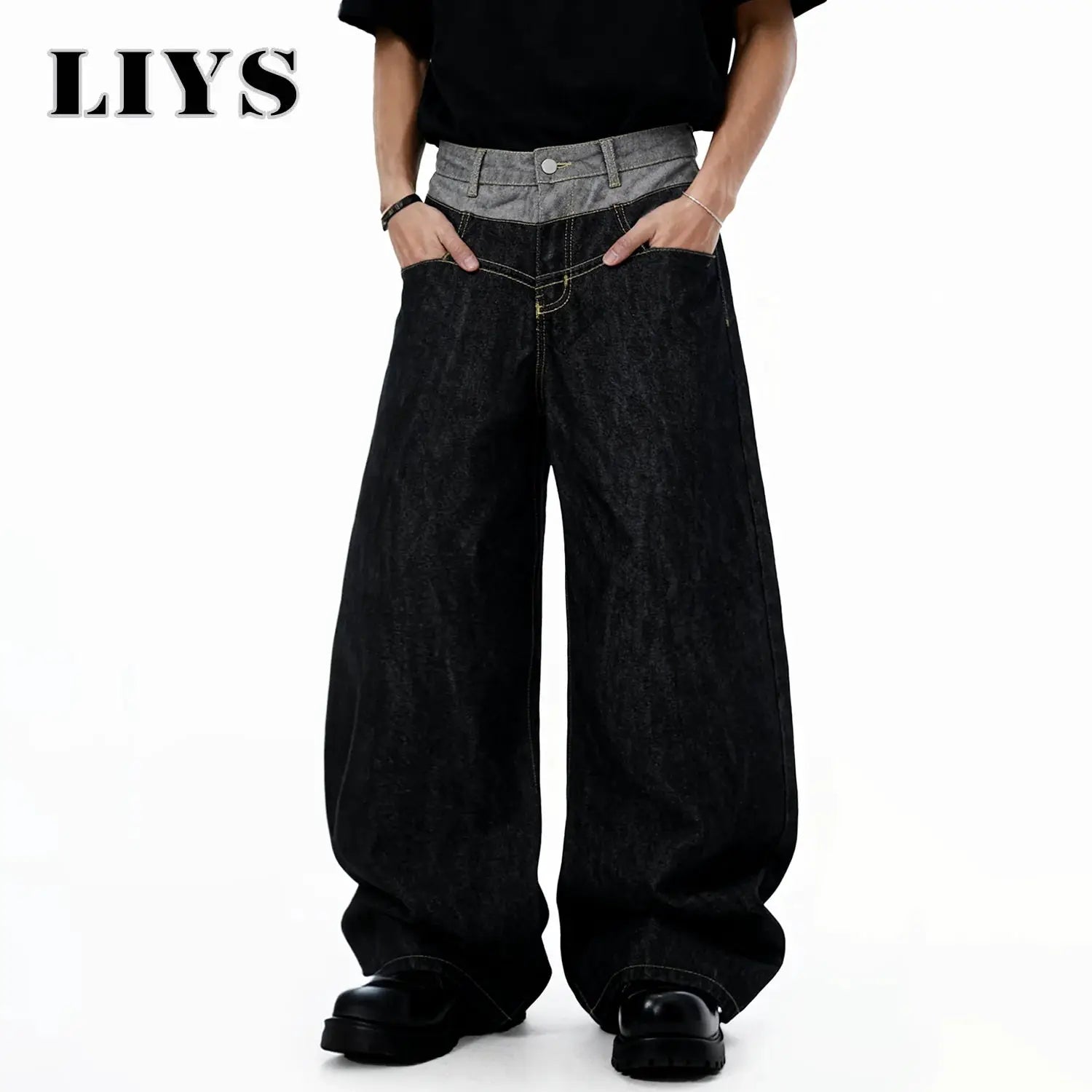 LIYS men's retro double-waist baggy wide-leg denim jeans with grey waistband, gothic street style unisex