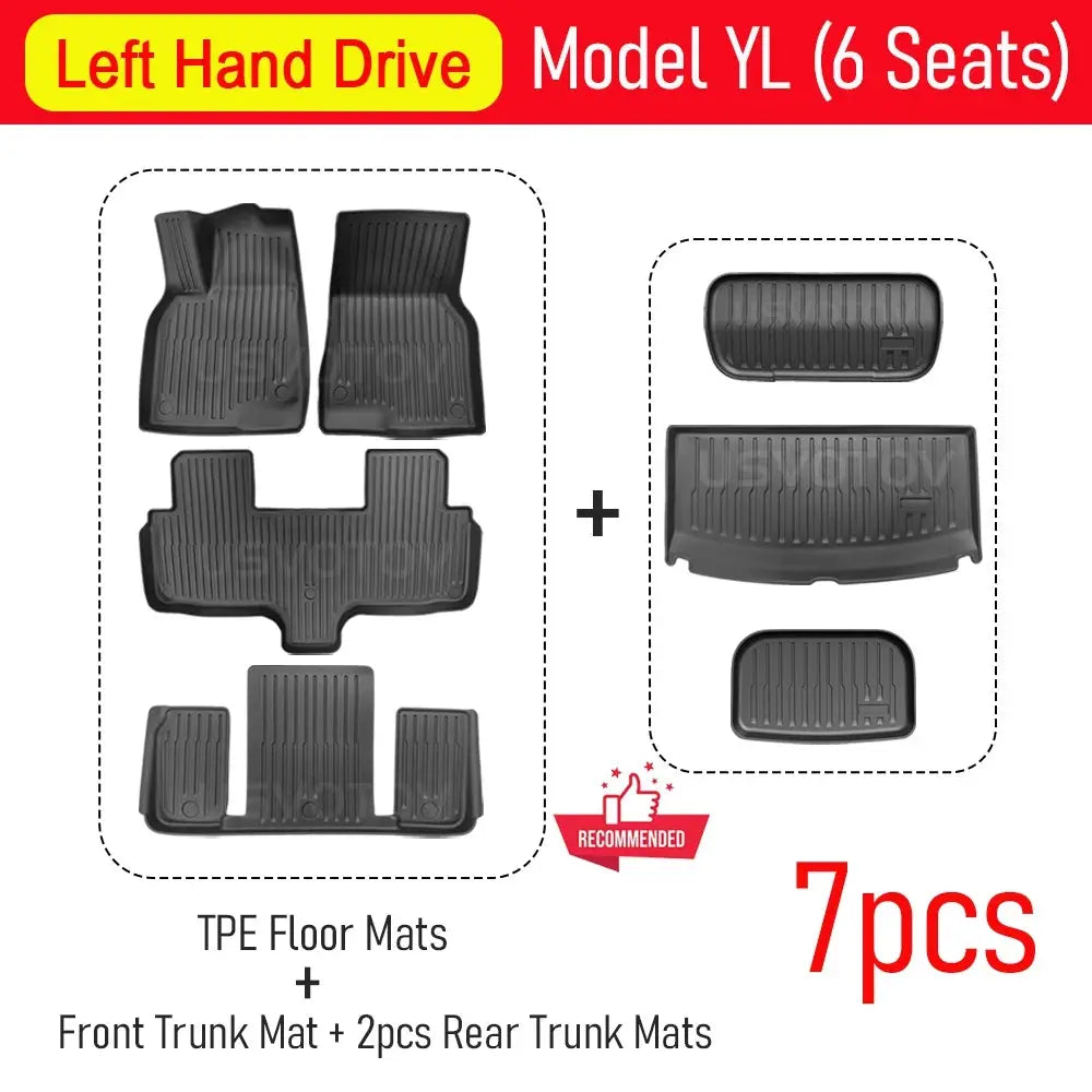 USVOTOV black all-weather floor mats 7-piece set for 2026 Tesla Model YL Left-Hand Drive, includes front, rear, and trunk mats