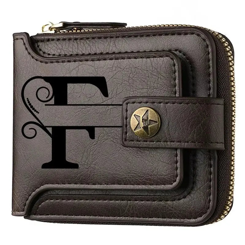 Brown PU leather bifold wallet with zip-around closure and brass snap strap, featuring a large F monogram