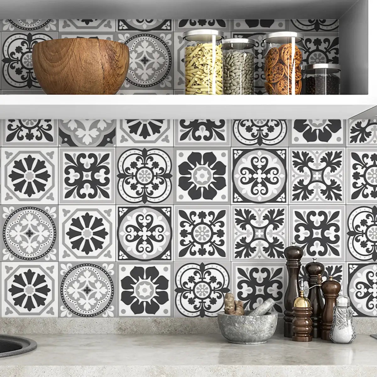 Simples Market 1-roll Mediterranean-style PVC kitchen backsplash sticker; removable, moisture-proof tile pattern.