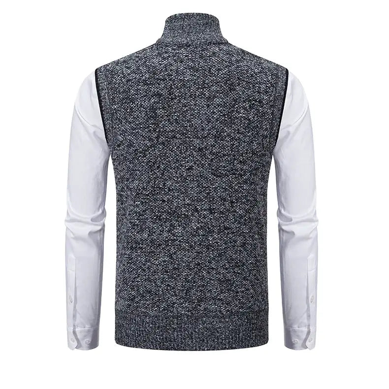 Men's stand-collar knit vest in grey marled knit; sleeveless waistcoat over white shirt (back view)