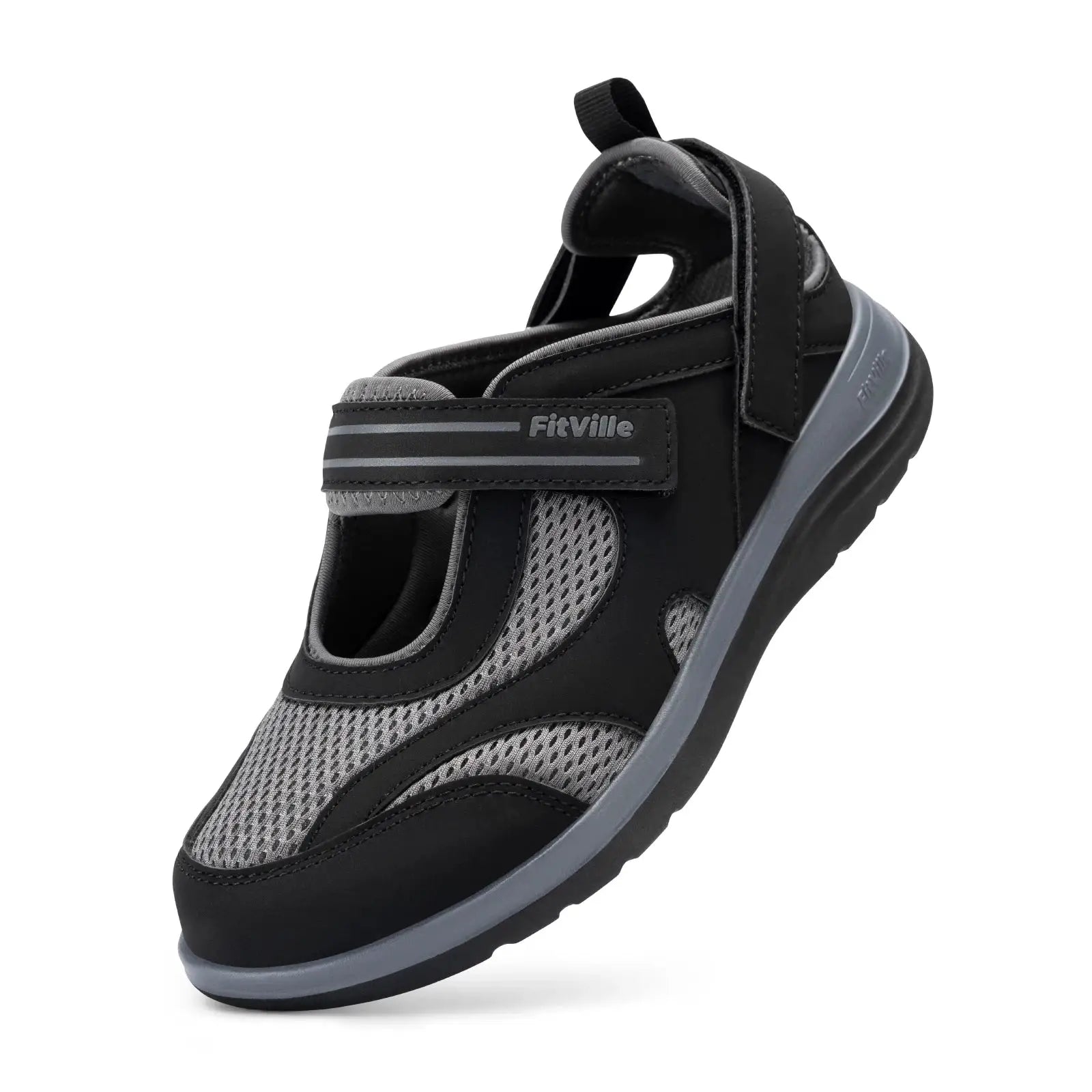 Fitville women's Mary Jane sandals with widened toe, black and gray breathable mesh, lightweight Velcro strap