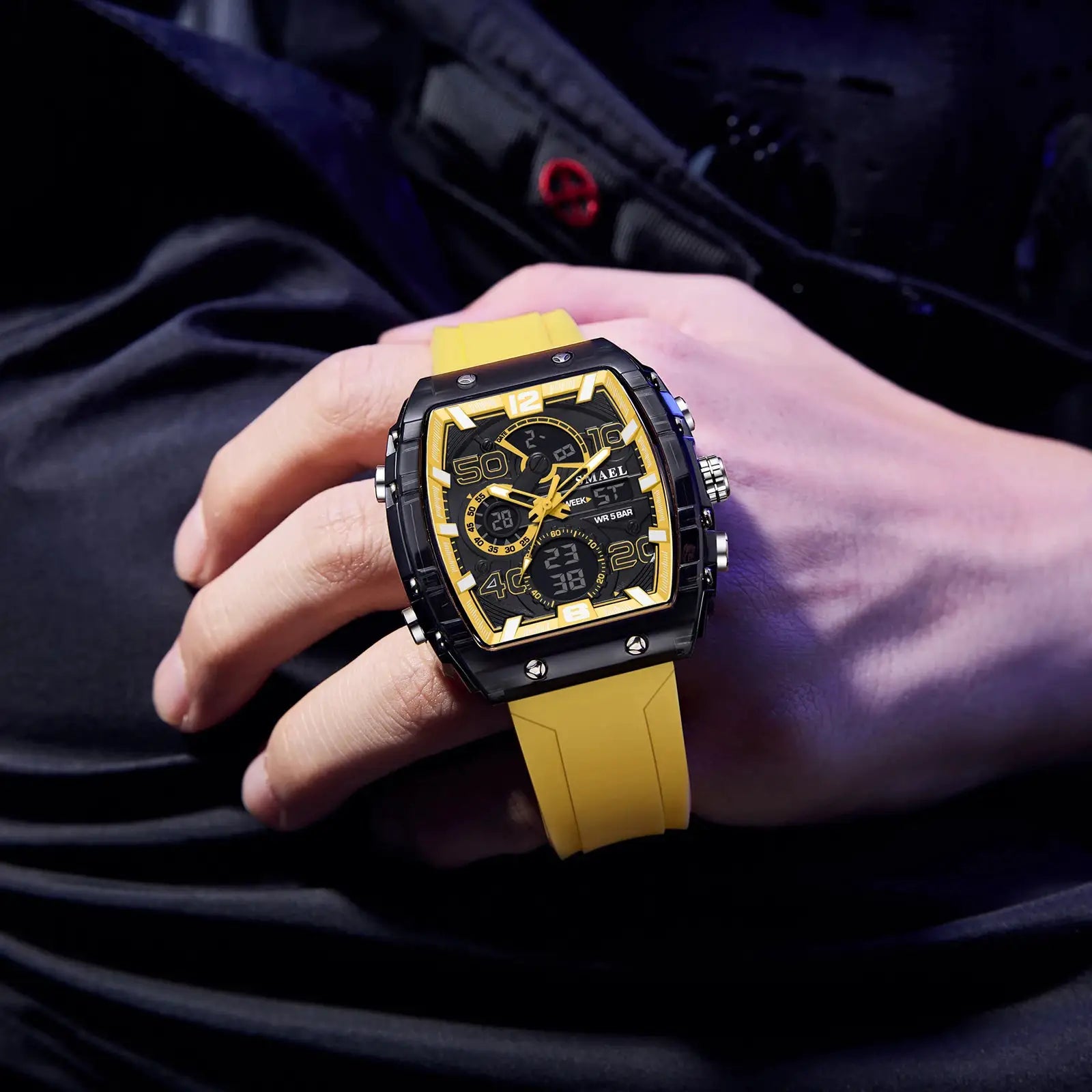 SMAEL 8109 men's square dual-display sport watch with yellow silicone strap and black-gold dial