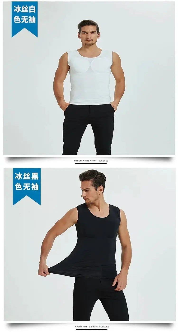 Men's body shaper undershirt with built-in ABS muscle pads; white and black sleeveless tops, pair