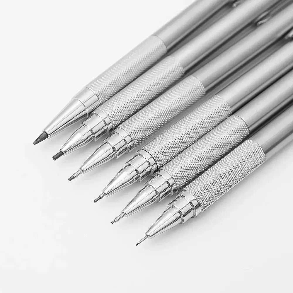 Metal mechanical pencil set, six silver knurled pencils with precision tips