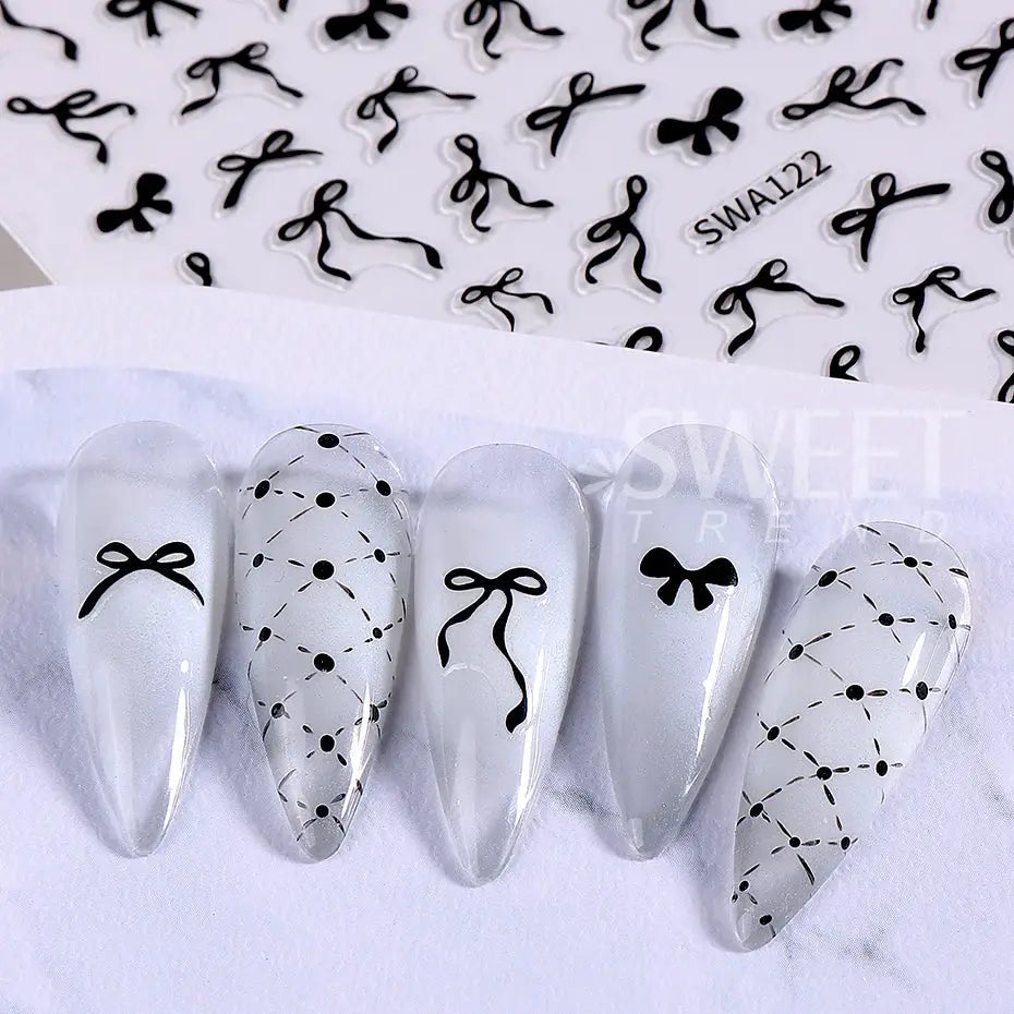 Bowknot ribbon nail stickers set (4/8pcs) by Simples Market; black lace bow designs for manicure