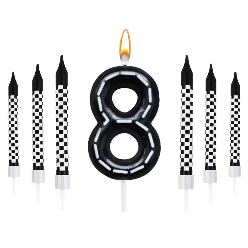 7 Piece Set Racing Car Themed Birthday Number Candles Black White Checkered Cake Topper For Kids Birthday Party