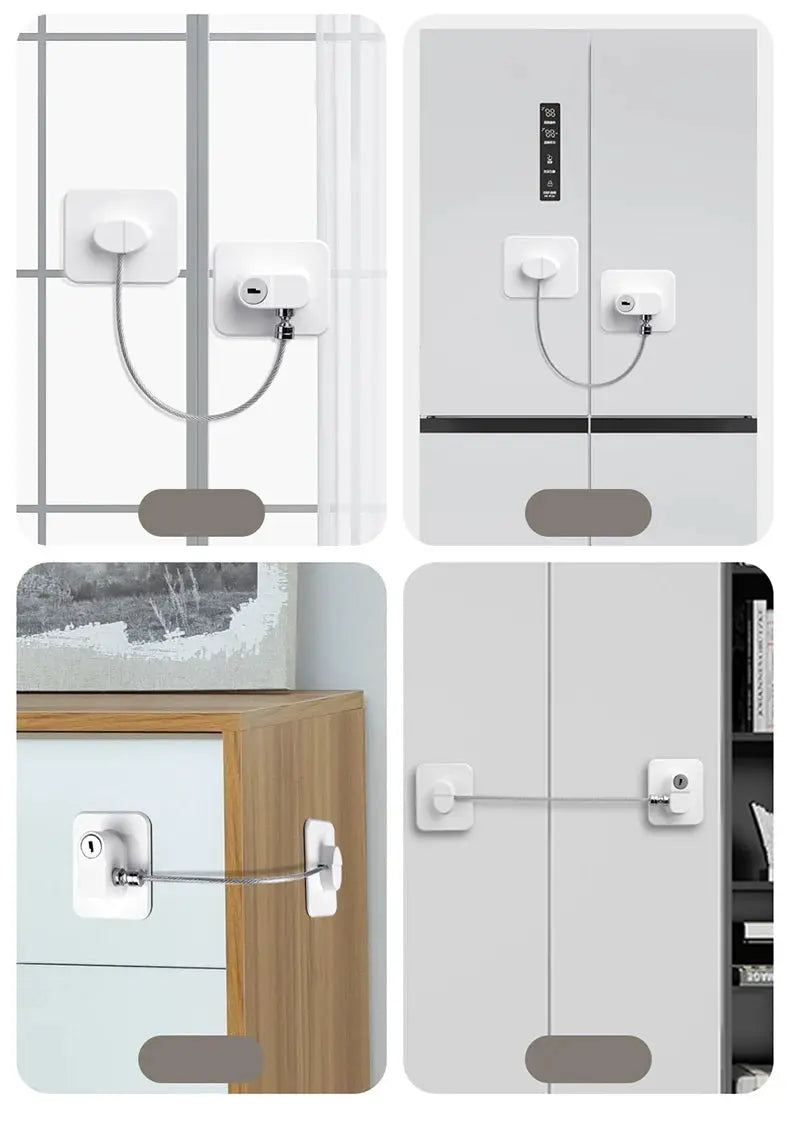 Simples Market white plastic baby safety lock with steel cable for windows, refrigerators and cabinets — 4-view collage