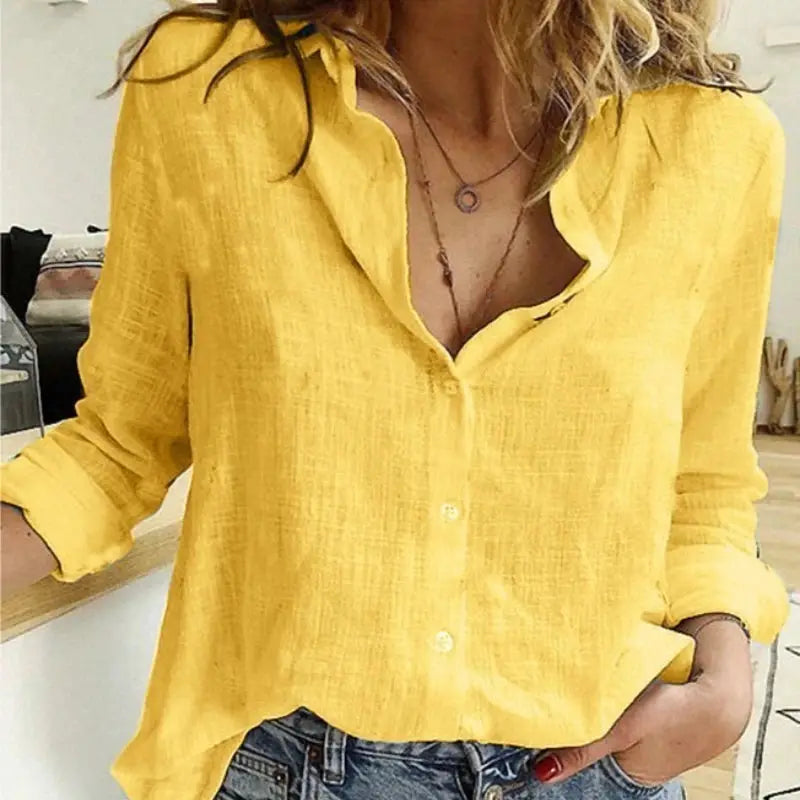 Korean Fashion Womens Lapel Shirt in Blue Pink Lightweight Breathable Cotton Linen Blend with V Neck