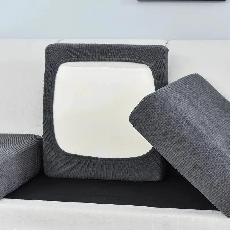 Polar fleece sofa cushion covers in dark gray with elastic edges, set of 3.