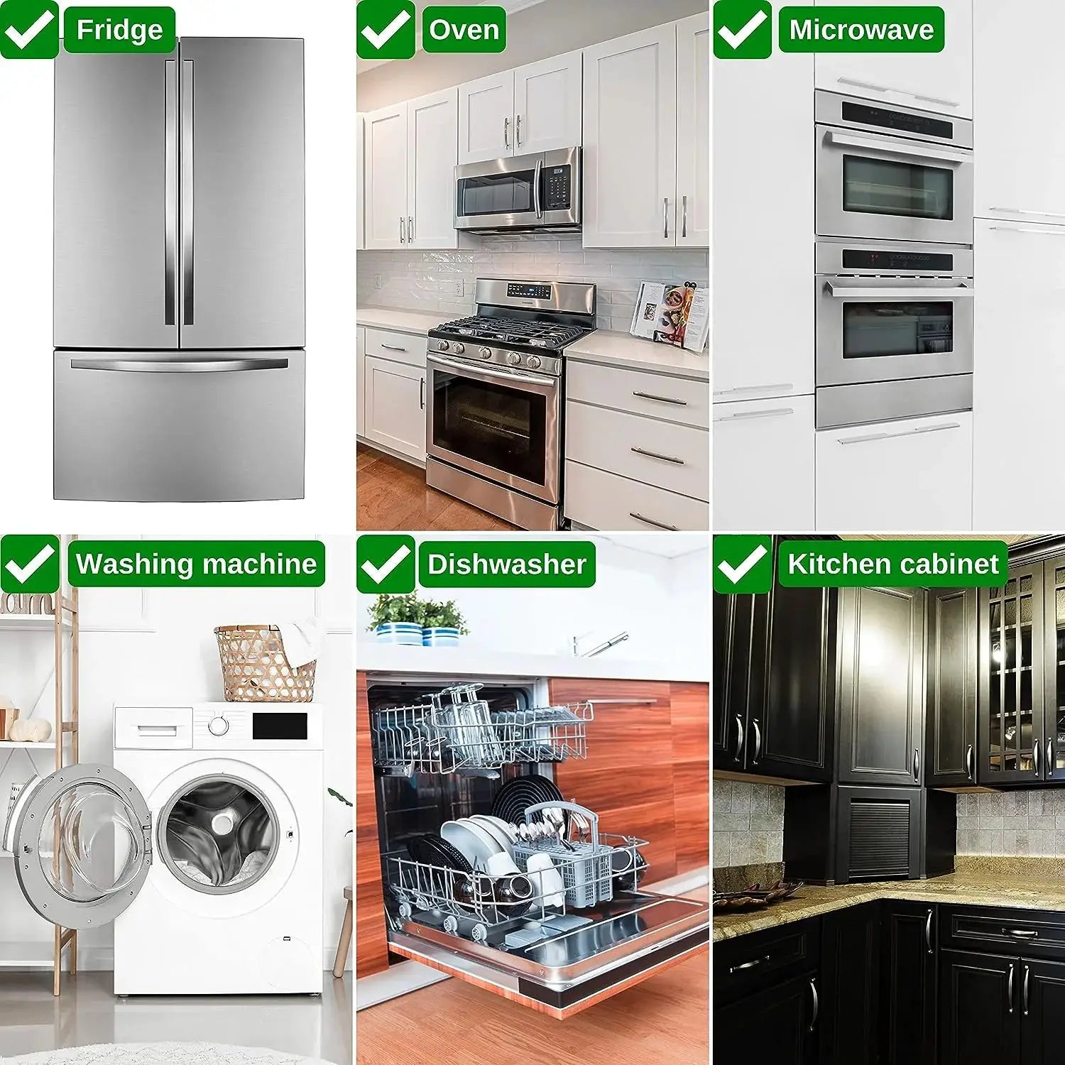 Baby oven door lock by Simples Market collage of fridge, oven, microwave, washer, dishwasher, and cabinet safety tags.