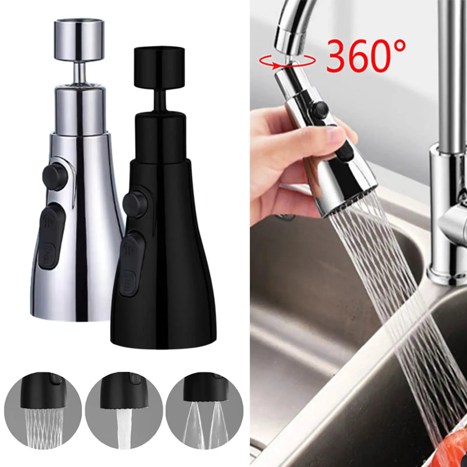 Simples Market 3-in-1 kitchen faucet extender, stainless steel and black, 360° rotating pull-out spray head