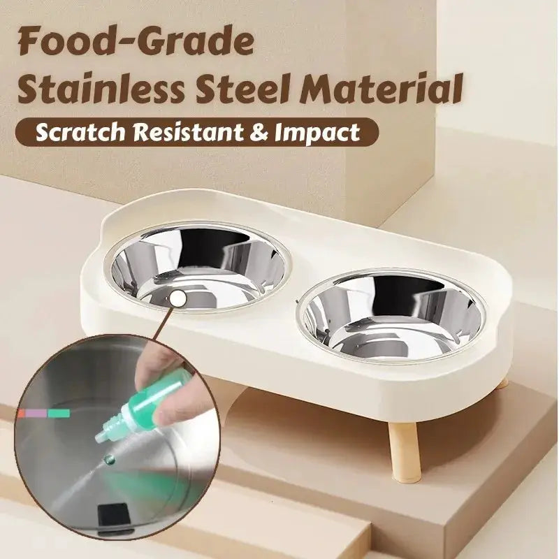 Simples Market dual stainless steel pet feeding station with neck support, white base, two bowls for cats and dogs