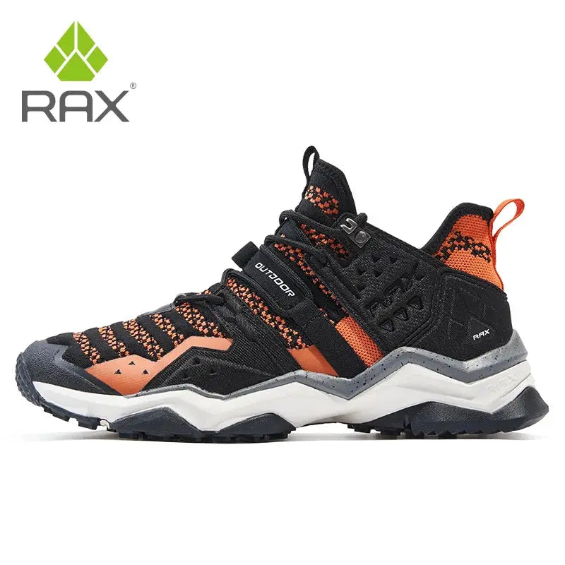 RAX men's waterproof hiking shoes, black and orange breathable knit upper with rugged outsole and cushioned midsole