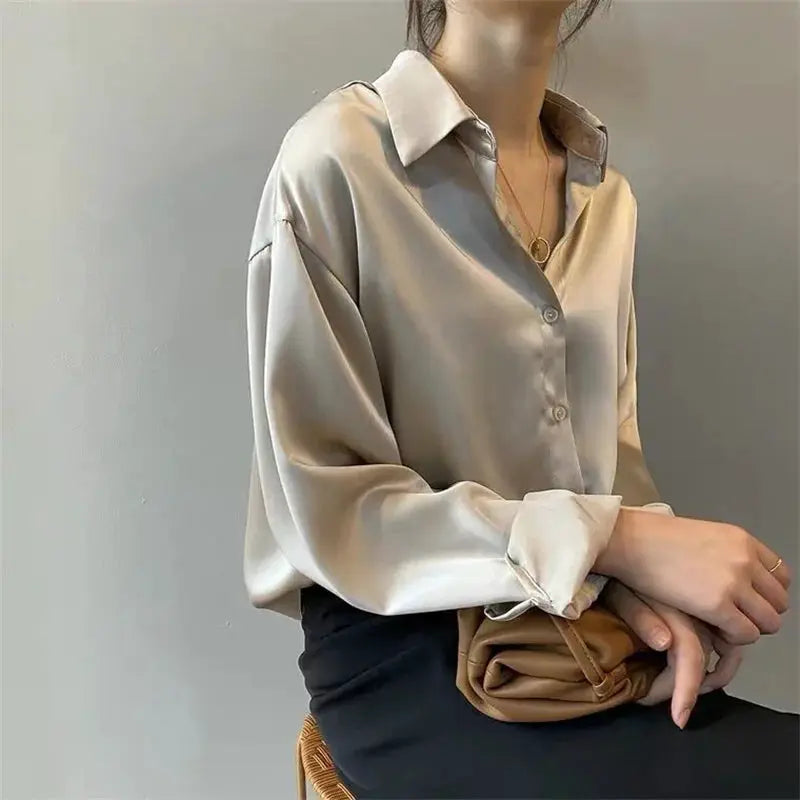 Women's Spring Autumn Style Blouse Long Sleeve Turn Down Collar Casual Top Polyester Blouse DF4849