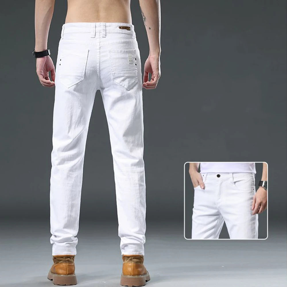 White Slim Fit Straight Jeans For Men 2025 Casual Stretch Denim Pants