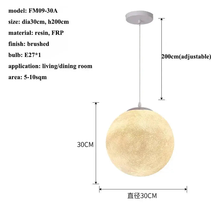 Nordic Moon LED pendant light by Simples Market - 30cm brushed resin globe, adjustable hanging lamp for living and dining rooms