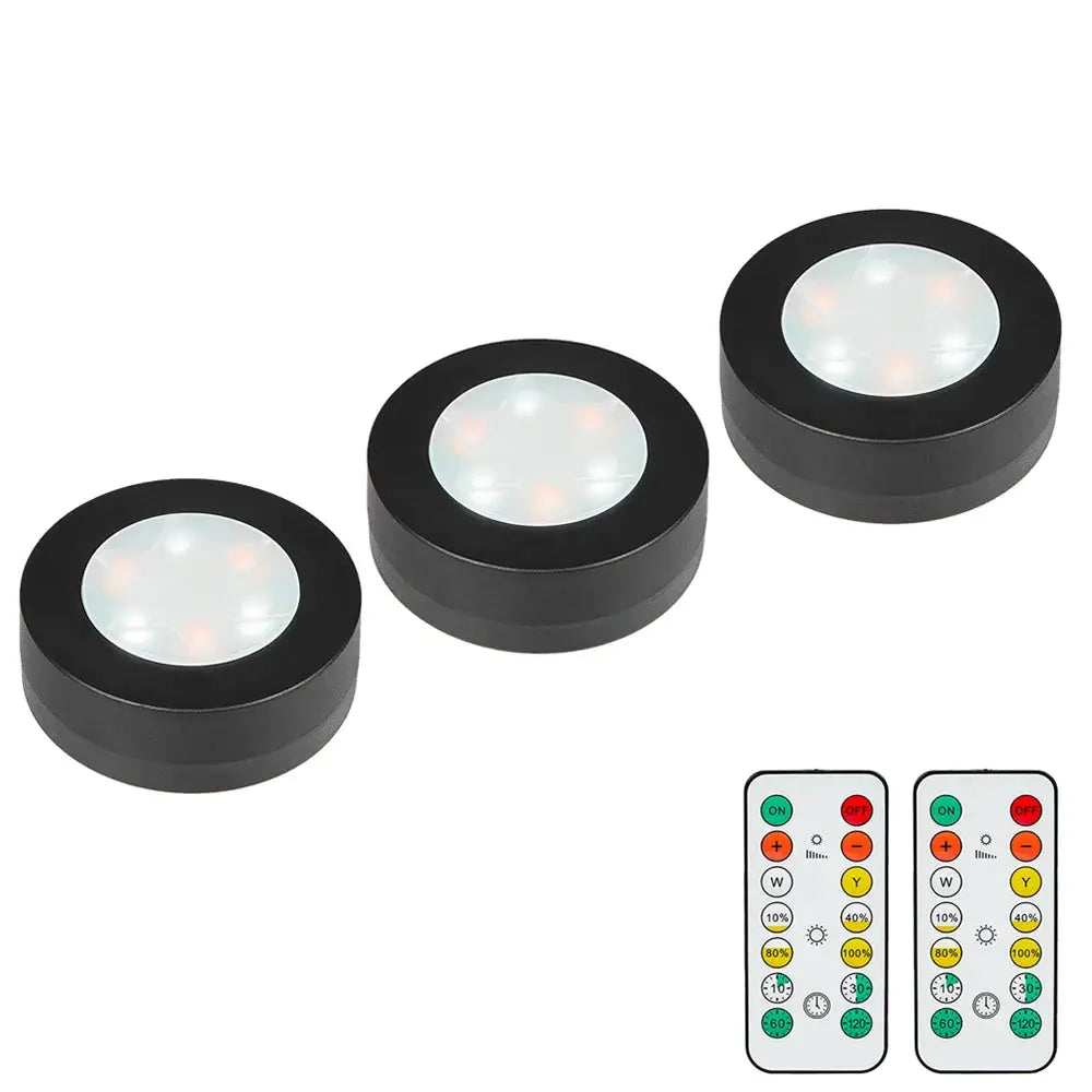 3-pack black round LED under-cabinet lights by Simples Market, dimmable CCT 3000–6500K with remote