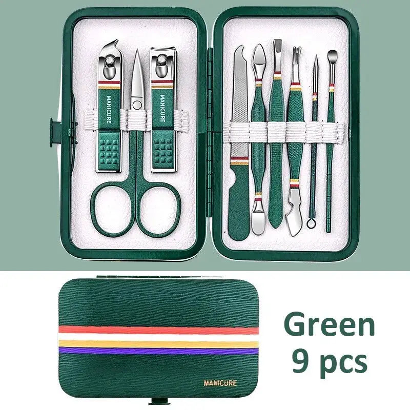 Nail cutter set with 9-piece stainless steel manicure tools in a green folding case